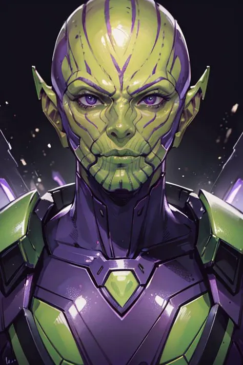 1man, solo, portrait of muscular skrullinvasion wear purple scifi suit, green skin, bald, dramatic, realistic, bokeh, ornate, <lora:ARWSkrullInvasion:1>