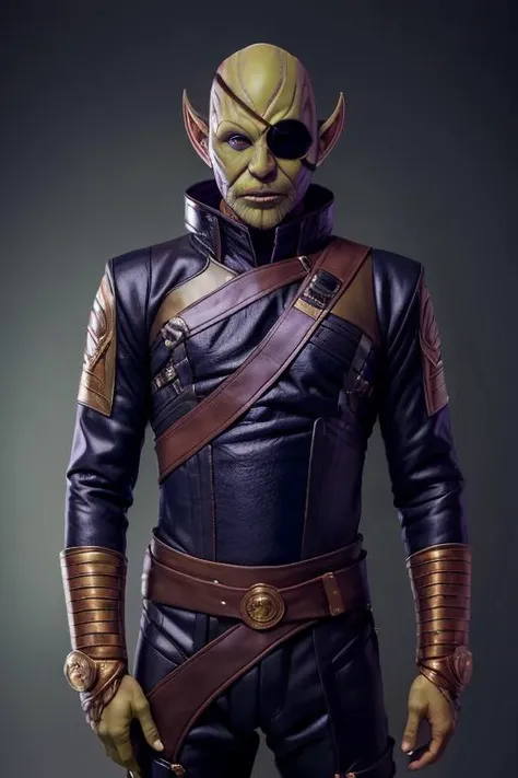 1man, solo, full body of skrullinvasion wear nick furry costume with eyepatch, long jacket, bald, dramatic, realistic, bokeh, ornate, close-up, <lora:ARWSkrullInvasion:1>