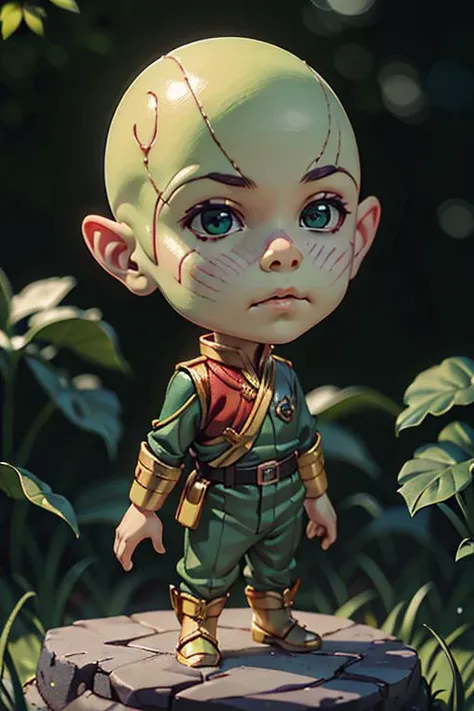 1boy, solo, full body of chibi little skrullinvasion wear boy scout, green skin, bald, dramatic, realistic, bokeh, ornate, close-up, <lora:ARWSkrullInvasion:1> <lora:blindbox_V1Mix:0.6>