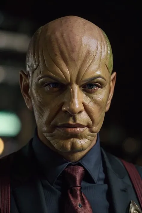 1man, solo, portrait of muscular skrullinvasion wear suit and red tie, green skin, bald, dramatic, realistic, bokeh, ornate, close-up, <lora:ARWSkrullInvasion:1>