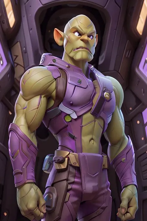 1man, solo, portrait of muscular skrullinvasion wear purple scifi suit, green skin, bald, dramatic, realistic, bokeh, ornate, <lora:ARWSkrullInvasion:1>