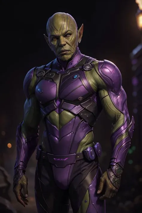1man, solo, portrait of muscular skrullinvasion wear purple black scifi suit, green skin, dramatic, realistic, bokeh, ornate, <lora:ARWSkrullInvasion:1>