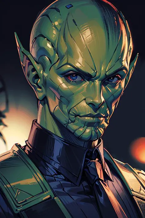 1man, solo, portrait of muscular skrullinvasion wear suit and red tie, green skin, bald, dramatic, realistic, bokeh, ornate, close-up, <lora:ARWSkrullInvasion:1>