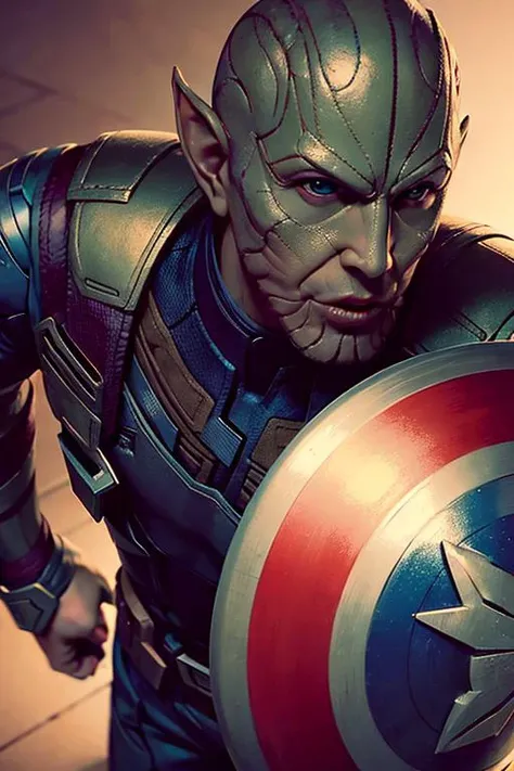 1man, solo, full body of skrullinvasion wear captain america, bald, dramatic, realistic, bokeh, ornate, close-up, <lora:ARWSkrullInvasion:1>
