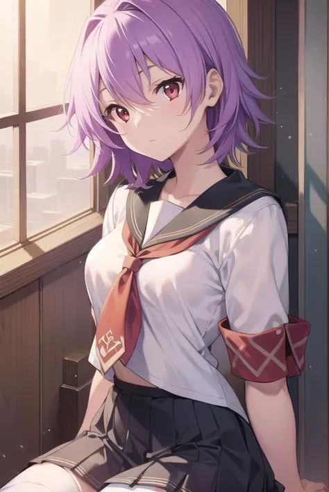 kantaitama, <lyco:tama-lyco-nochekaiser:1>,
tama, hair between eyes, purple hair, short hair, (red eyes:1.5),
BREAK hair ornament, school uniform, serafuku, sailor collar, black collar, short sleeves, gloves, shirt, white shirt, ribbon, orange ribbon, belt, skirt, black skirt, pleated skirt, thighhighs, black thighhighs, zettai ryouiki,
BREAK looking at viewer, full body,
BREAK indoors, classroom,
BREAK <lyco:GoodHands-beta2:1>, (masterpiece:1.2), best quality, high resolution, unity 8k wallpaper, (illustration:0.8), (beautiful detailed eyes:1.6), extremely detailed face, perfect lighting, extremely detailed CG, (perfect hands, perfect anatomy),