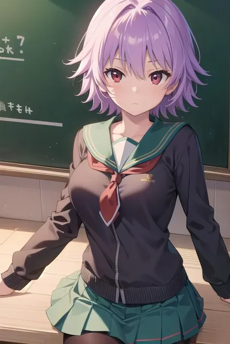 kantaitama, <lyco:tama-lyco-nochekaiser:1>,
tama, hair between eyes, purple hair, short hair, (red eyes:1.5),
BREAK school uniform, serafuku, sailor collar, green sailor collar, cardigan, black cardigan, long sleeves, skirt, green skirt, pleated skirt, pantyhose, black pantyhose,
BREAK looking at viewer, full body,
BREAK indoors, classroom,
BREAK <lyco:GoodHands-beta2:1>, (masterpiece:1.2), best quality, high resolution, unity 8k wallpaper, (illustration:0.8), (beautiful detailed eyes:1.6), extremely detailed face, perfect lighting, extremely detailed CG, (perfect hands, perfect anatomy),