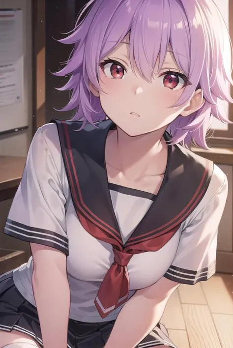 kantaitama, <lyco:tama-lyco-nochekaiser:1>,
tama, hair between eyes, purple hair, short hair, (red eyes:1.5),
BREAK hair ornament, school uniform, serafuku, sailor collar, black collar, short sleeves, gloves, shirt, white shirt, ribbon, orange ribbon, belt, skirt, black skirt, pleated skirt, thighhighs, black thighhighs, zettai ryouiki,
BREAK looking at viewer, full body,
BREAK indoors, classroom,
BREAK <lyco:GoodHands-beta2:1>, (masterpiece:1.2), best quality, high resolution, unity 8k wallpaper, (illustration:0.8), (beautiful detailed eyes:1.6), extremely detailed face, perfect lighting, extremely detailed CG, (perfect hands, perfect anatomy),