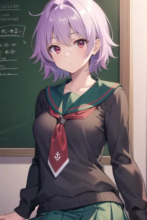 kantaitama, <lyco:tama-lyco-nochekaiser:1>,
tama, hair between eyes, purple hair, short hair, (red eyes:1.5),
BREAK school uniform, serafuku, sailor collar, green sailor collar, cardigan, black cardigan, long sleeves, skirt, green skirt, pleated skirt,
BREAK looking at viewer, full body,
BREAK indoors, classroom,
BREAK <lyco:GoodHands-beta2:1>, (masterpiece:1.2), best quality, high resolution, unity 8k wallpaper, (illustration:0.8), (beautiful detailed eyes:1.6), extremely detailed face, perfect lighting, extremely detailed CG, (perfect hands, perfect anatomy),