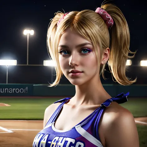 juliet starling,blonde twintail hair,blue eyes,cheerleader outfit,makeup, portrait,
looking at viewer, serious, happy, outside,baseball field, night, simple background, chiaroscuro,
<lora:juliet_starling_aiwaifu:.8> extremely detailed, hdr, high quality,