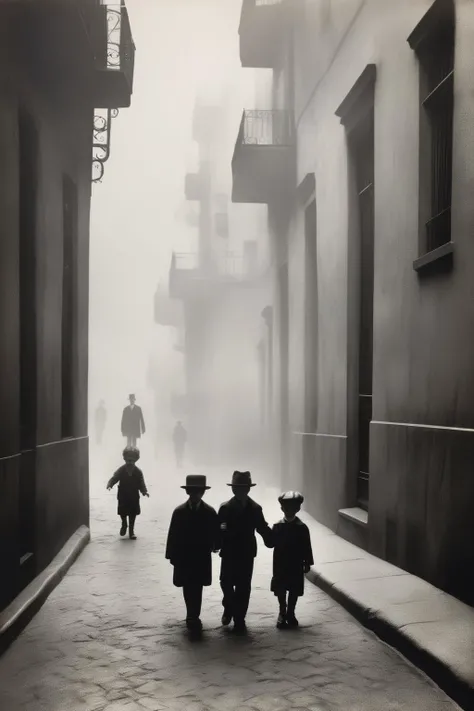 <lora:Ando Fuchs Style:1>Ando Fuchs Style - Catala Roca hyper realistic photograph in black and white. Front, silhouette of a child walking hand in hand with his father in the fog in the Barcelona of 1920, wearing 1920 style, the street where they walk should be more in the background, the focus is on the child and his father. Old Kodack. Leica. Add Noise photo