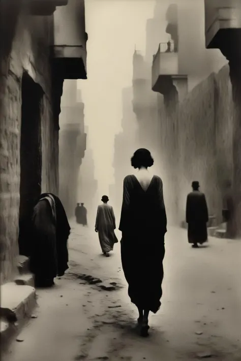 <lora:Ando Fuchs Style:1>Ando Fuchs Style - Portray the desolate woman, her back to us, wandering alone through the bustling streets of Cairo in 1924, her solitude sharply contrasting with the surrounding crowd.