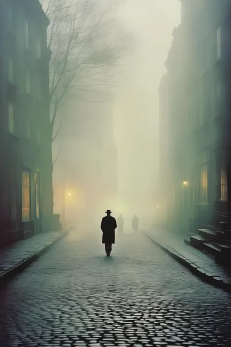 <lora:Ando Fuchs Style:1>Ando Fuchs Style - An evocative high-resolution photograph of a lone figure walking through a misty, cobblestone street at dawn, with the atmospheric style echoing the moody urban scenes of Saul Leiter.