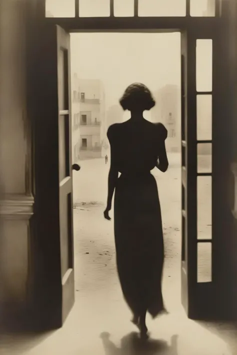 <lora:Ando Fuchs Style:1>Ando Fuchs Style - Create an image of a woman in her twenties, seen from behind, leaving an empty apartment in 1924 Egypt. She seems to be in a hurry.