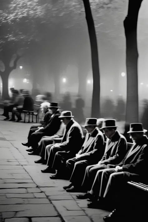 Several men are sitting on a bench in a row and one is smoking, Francis Bacon e Rene Magritte, artista desconhecido, arte moderna, Neo Rauch e Nadav Kander, Edward Hopper e Ilya Kushinov, Foto autocromo premiada, colorido, colorido, Espectadores, Espectadores, Soviet artists, arte mista