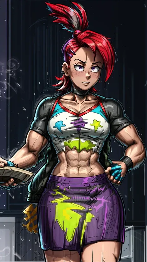 <lora:frankiefoster:0.8> frankiefoster, red hair, topknot, 1girl, skirt, medium breasts, hair ornament, white shirt, ponytail, choker, hairclip, midriff, crop top, black choker, purple skirt, green jacket, cropped shirt, <lora:ThickerLines_RM-128_v1:0.8> <lora:more_details:0.8> <lora:BarbarianT:0.8> (BarbarianT, muscular female:1.15), flexing muscles, masterpiece, best quality, extremely detailed, highly quality, 4k, sharp focus, professional, sharp focus, award winning, cinematic lighting, octane render, unreal engine, volumetrics dtx, Wallpaper,