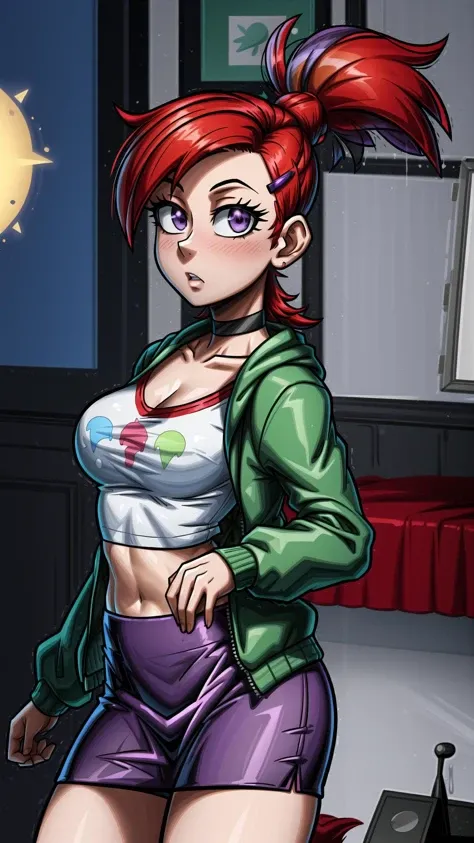 <lora:frankiefoster:0.8> frankiefoster, red hair, topknot, 1girl, skirt, medium breasts, hair ornament, white shirt, ponytail, choker, hairclip, midriff, crop top, black choker, purple skirt, green jacket, cropped shirt, <lora:hamichichiB:0.6> skindentation, cleavage <lora:ThickerLines_RM-128_v1:0.8> <lora:more_details:0.8>, masterpiece, best quality, extremely detailed, highly quality, 4k, sharp focus, professional, sharp focus, award winning, cinematic lighting, octane render, unreal engine, volumetrics dtx, Wallpaper,