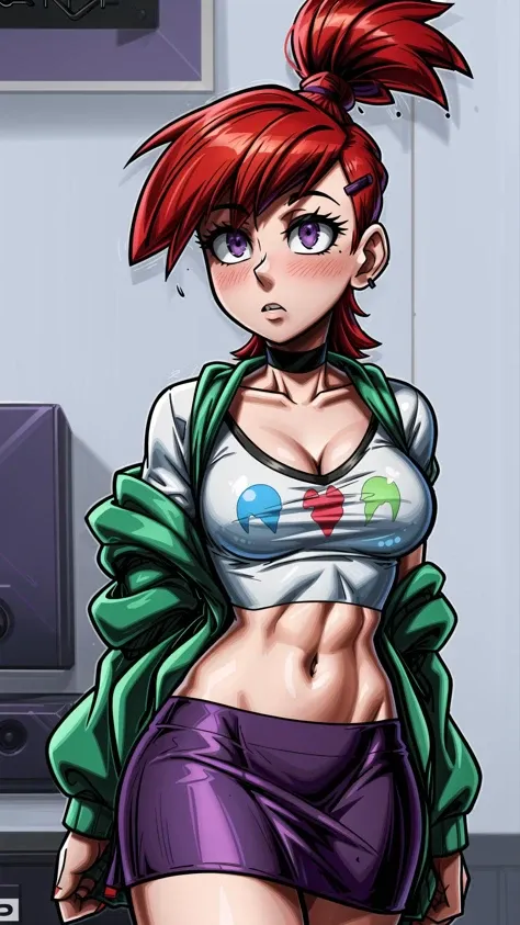 <lora:frankiefoster:0.8> frankiefoster, red hair, topknot, 1girl, skirt, medium breasts, hair ornament, white shirt, ponytail, choker, hairclip, midriff, crop top, black choker, purple skirt, green jacket, cropped shirt, <lora:hamichichiB:0.6> skindentation, cleavage <lora:ThickerLines_RM-128_v1:0.8> <lora:more_details:0.8>, masterpiece, best quality, extremely detailed, highly quality, 4k, sharp focus, professional, sharp focus, award winning, cinematic lighting, octane render, unreal engine, volumetrics dtx, Wallpaper,