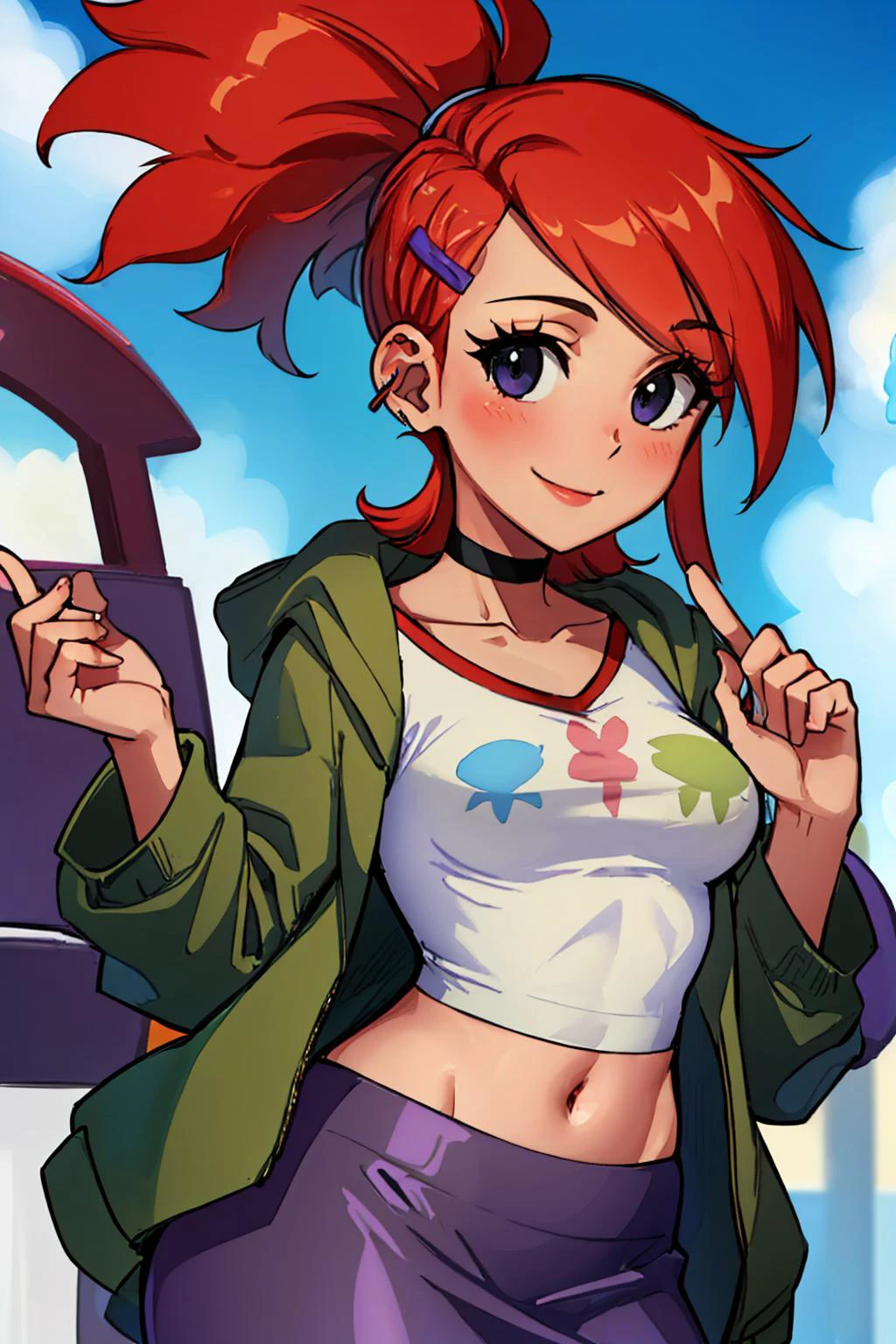 (masterpiece, best quality:1.2), solo, 1girl, frankiefoster, smile, looking at viewer, ponytail, hairclip, green jacket, white shirt, crop top, purple skirt, choker, midriff <lora:frankiefoster:1>