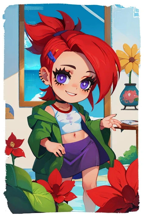 (masterpiece, best quality:1.2), border, chibi, solo, 1girl, frankiefoster, smile, looking at viewer, ponytail, hairclip, green jacket, white shirt, crop top, purple skirt, choker, midriff <lora:style_onmyoji-20:1> <lora:frankiefoster:0.9>