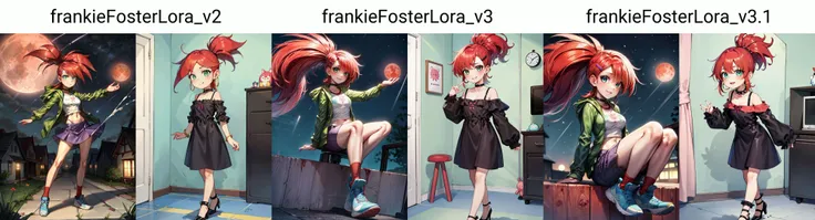 ((best quality)), ((highly detailed)), masterpiece, absurdres, detailed face, beautiful face, (detailed eyes, deep eyes), <lora:more_details:.6>, (1girl), from the front, dynamic pose, full body, very wide shot, <lora:hairdetailer:.6>, <lora:frankieFosterLora_v2:1>, frankie foster, green eyes, red hair, spiky hair, ponytail, medium breasts, smiling, white shirt, green zip-up hoodie, midriff, choker, grey skirt, blue sneakers, purple hairclips, (outside, in a town, night, night sky, stars, blood moon, telescope, raining)