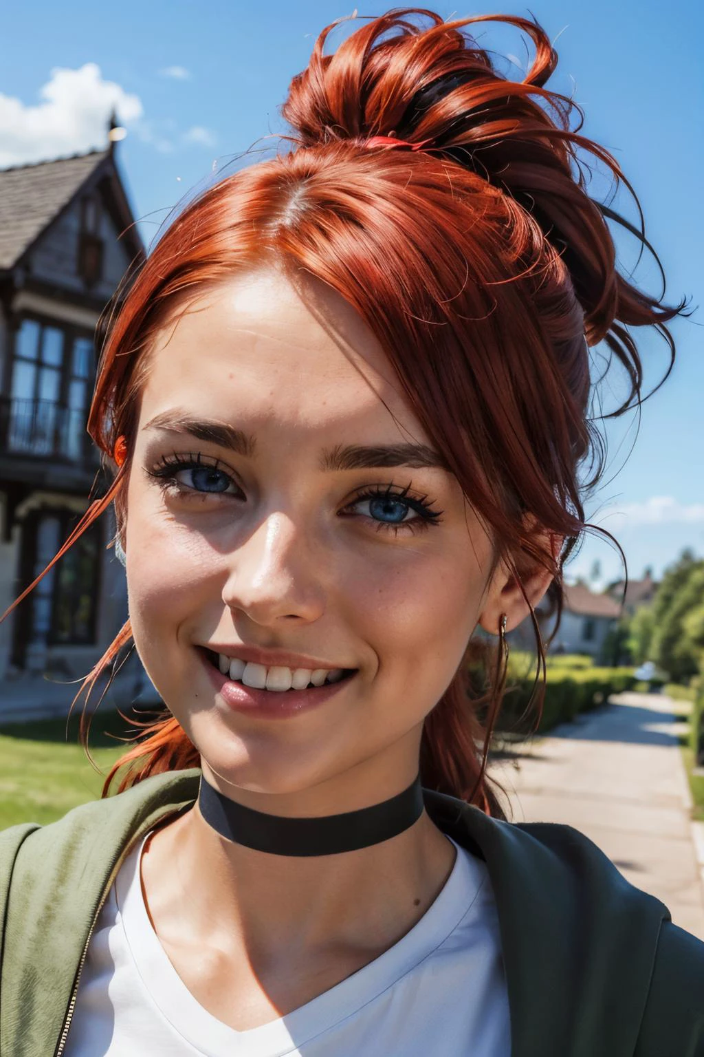 frankiefoster, blue eyes, red hair, ponytail, choker, hairclip, hair ornament, piercing, white shirt, green jacket, looking at viewer, smiling, close up, outside, front yard, mansion, blue sky,high quality, masterpiece, <lora:frankiefoster-guy-301:.8>