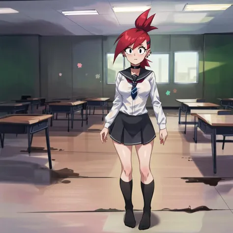 (cartoon, best illustration), 1girl, <lora:frankieFosterLora_v1:0.7>, (frankie foster), choker, black eyes, red hair, spiky hair, ponytail, (thicc body:0.6), (skindentation:1.4), (flat chest:0.7), full body, shy, (blush:0.3), standing, looking at viewer, (cleavage:0.5), (tie, schoolgirl uniform, long sleeve dress shirt, black pleated skirt, socks), (classroom:1.2), sidelight, volumetric lighting, (depth of field:0.65)