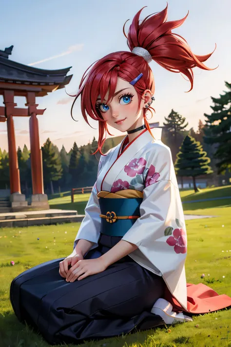 frankiefoster, blue eyes, red hair, ponytail, hair clip, hair ornament, choker, piercing, traditional kimono, sash, long sleeves, looking at viewer, serious, smiling, sitting, on grass, seiza, shrine, red torii, trees, pink sky, high quality, masterpiece,  <lora:frankiefoster-guy-301:.8>