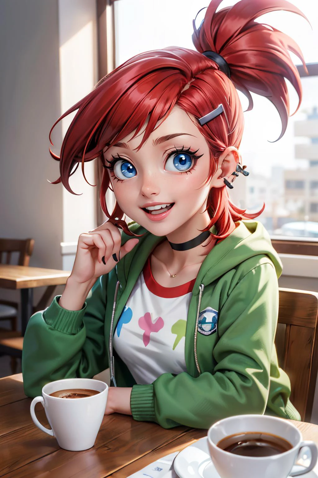 frankiefoster, blue eyes, red hair, ponytail, hair clip, hair ornament, choker, piercing, white shirt, green jacket, midriff, looking at viewer, smiling, happy, teeth, upper body shot, sitting, behind a table, inside cozy cafe, drinking espresso, soft lighting, high quality, masterpiece, <lora:frankiefoster-guy-301:.8>