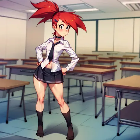 (cartoon, best illustration), 1girl, <lora:frankieFosterLora_v1:0.7>, (frankie foster), choker, black eyes, red hair, spiky hair, ponytail, purple hairclips, (thicc body:0.6), (skindentation:1.4), (flat chest:0.7), full body, shy, (blush:0.3), standing, looking at viewer, (cleavage:0.5), (tie, schoolgirl uniform, long sleeve dress shirt, black pleated skirt, socks), (classroom:1.2), sidelight, volumetric lighting, (depth of field:0.65)