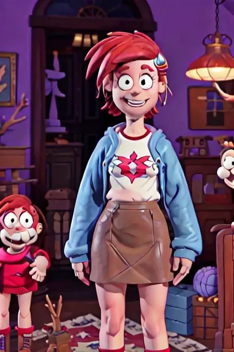 1girl, mansion, pedestals, statues, staricase with red rugs, tapestry, Frankie Foster <lora:frankieFosterLora_v1:0.6> Frankie Foster, 80's anime style, skirt, t shirt, hoodie, claymation