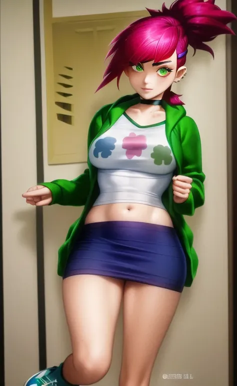 ((best quality)), ((highly detailed)), masterpiece, ((official art)), (detailed eyes, deep eyes), (1girl:1.33, solo), <lora:frankieFosterLora_v1:.9>, frankie foster, green eyes, red hair, spiky hair, ponytail, medium breasts, white shirt, green zip-up hoodie, midriff, choker, grey skirt, blue sneakers, purple hairclips