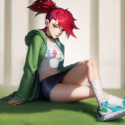 ((best quality)), ((highly detailed)), masterpiece, ((official art)), detailed face, beautiful face, (detailed eyes, deep eyes), (1girl:1.33, solo), full body, <lora:frankieFosterLora_v1:.9>, frankie foster, green eyes, red haiy, spiky hair, ponytail, white shirt, green zip-up hoodie, midriff, choker, grey skirt, sneakers