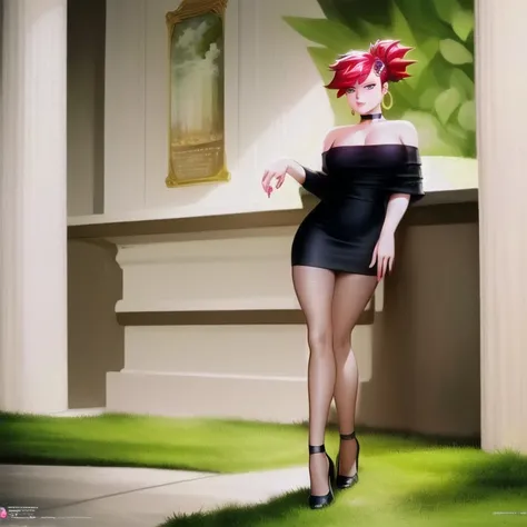 ((best quality)), ((highly detailed)), masterpiece, ((official art)), (detailed eyes, deep eyes), (1girl:1.33, solo), full body, <lora:frankieFosterLora_v1:.9>, frankie foster, green eyes, red hair, spiky hair, black dress, off shoulder dress, cleavage, high heels, bangles, hoop earrings, black choker, black makeup