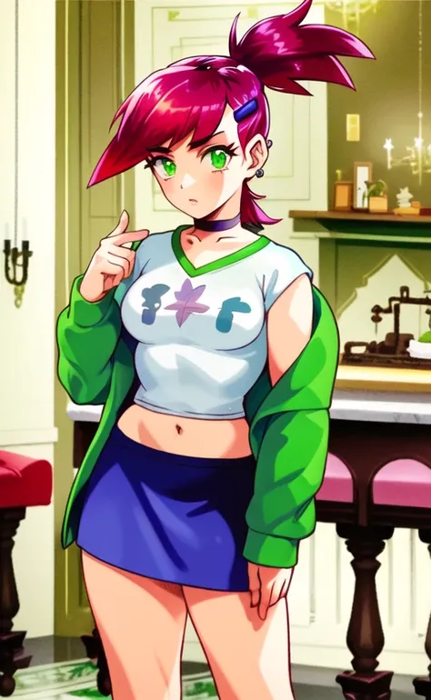 ((best quality)), ((highly detailed)), masterpiece, ((official art)), (detailed eyes, deep eyes), (1girl:1.33, solo), <lora:frankieFosterLora_v1:.9>, frankie foster, green eyes, red hair, spiky hair, ponytail, medium breasts, white shirt, green zip-up hoodie, midriff, choker, grey skirt, blue sneakers, purple hairclips