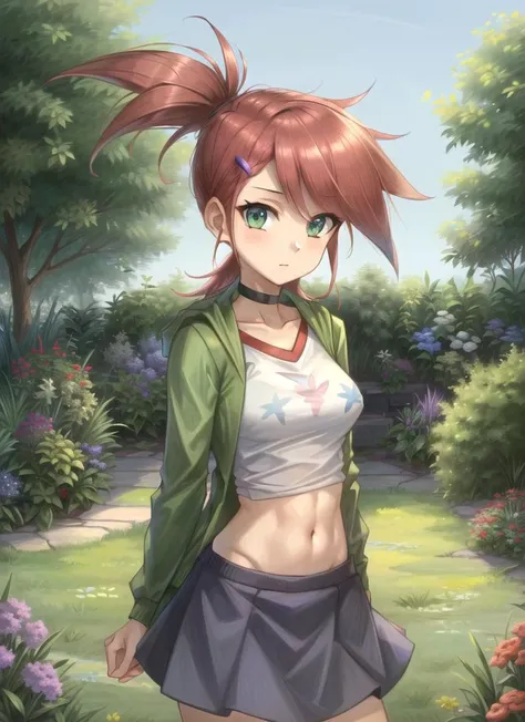 ((best quality)), ((highly detailed)), masterpiece, (detailed eyes, deep eyes), (1girl), cowboy shot, <lora:hairdetailer:1>, <lora:frankieFosterLora_v2:.8>, frankie foster, green eyes, red hair, spiky hair, ponytail, medium breasts, white shirt, green zip-up hoodie, midriff, choker, grey skirt, blue sneakers, purple hairclips, (in a garden)