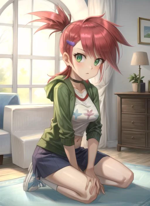 ((best quality)), ((highly detailed)), masterpiece, detailed face, beautiful face, (detailed eyes, deep eyes), (1girl), full body, <lora:hairdetailer:1>, <lora:frankieFosterLora_v2:.9>, frankie foster, green eyes, red hair, spiky hair, ponytail, medium breasts, white shirt, green zip-up hoodie, midriff, choker, grey skirt, blue sneakers, purple hairclips, inside, in a living room
