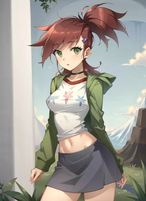 ((best quality)), ((highly detailed)), masterpiece, (detailed eyes, deep eyes), (1girl), cowboy shot, <lora:frankieFosterLora_v2:1>, frankie foster, green eyes, red hair, spiky hair, ponytail, medium breasts, white shirt, green zip-up hoodie, midriff, choker, grey skirt, blue sneakers, purple hairclips, (at a volcano)