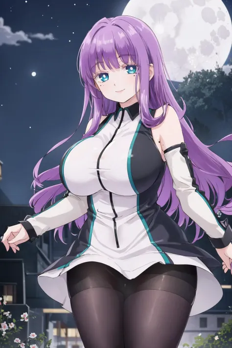 <lora:mira_suou_omni_v2:0.6>, mira suou, purple hair, blue eyes, mole, white eyelashes, dress, detached sleeves, black pantyhose, gigantic breasts, smile, night, outdoors, full moon,