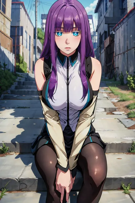best quality, masterpiece, 1girl, <lora:mira_suou_omni_v1:0.7>mira suou, blush, purple hair, blue eyes, detached sleeves, pantyhose, sitting on stairs, outside, sunlight, blue sky, <lora:more_details:0.2>