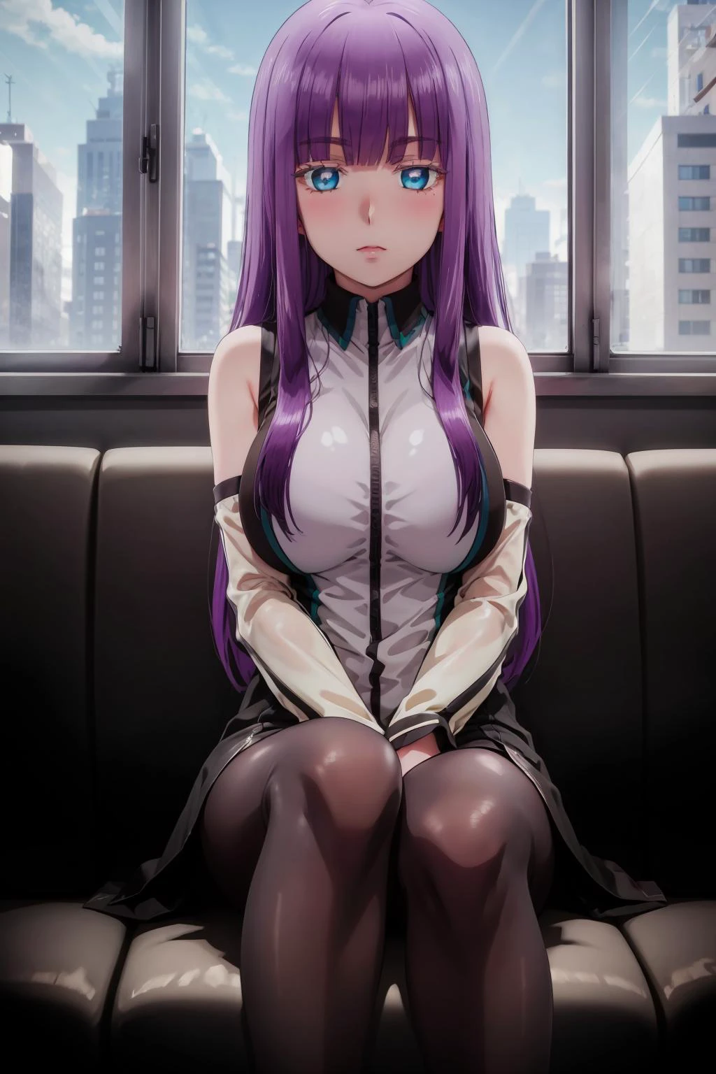 best quality, masterpiece, 1girl, <lora:mira_suou_omni_v1:0.7>mira suou, blush, purple hair, blue eyes, detached sleeves, pantyhose, sitting on a couch, office, window, sky, <lora:more_details:0.2>