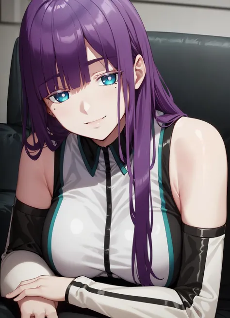 (best quality), (masterpiece), (solo), upper body, mira suou, purple hair, blue eyes, mole, white eyelashes, dress, detached sleeves, black pantyhose, couch, apartment, smiling, <lora:mira_suou_omni_v2:0.7>