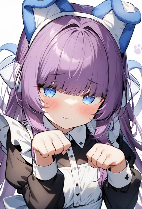 masterpiece,best quality,very aesthetic,absurdres,safe,
1girl,tashkent,purple hair,blue eyes,hair ornament,long hair,bangs,fake animal ears,<lora:tashkent_xl_v1.1:0.9>,tareme,:3,(maid:1.3),(paw pose:1.1),