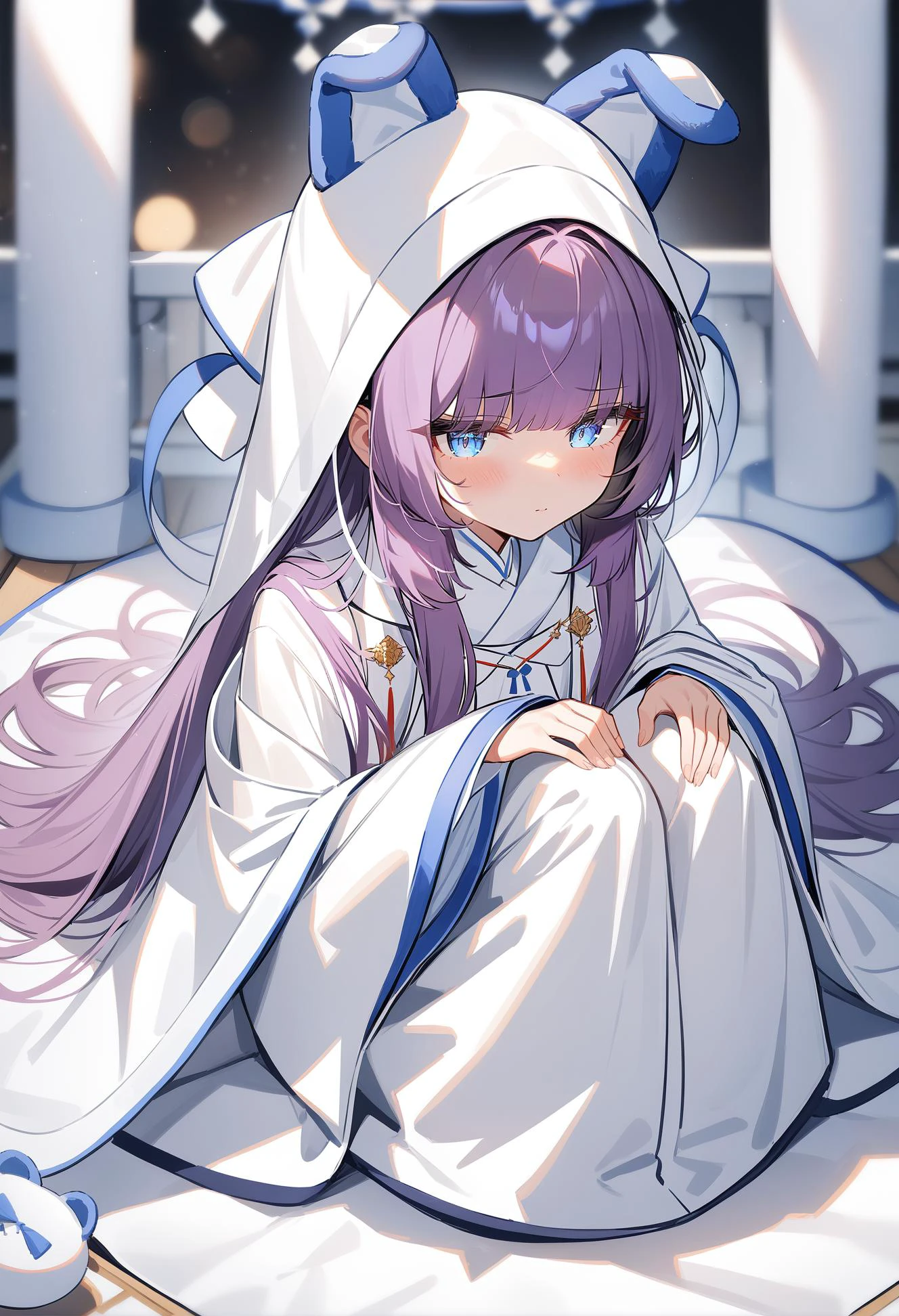 masterpiece,best quality,very aesthetic,absurdres,safe,
1girl,tashkent,purple hair,blue eyes,hair ornament,long hair,bangs,fake animal ears,<lora:tashkent_xl_v1.1:0.9>,(uchikake:1.2),wariza,hands on knee,