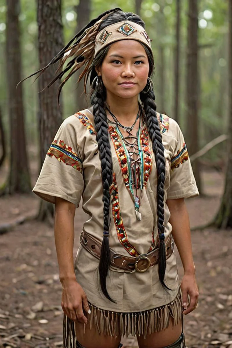 onoff, female Choctaw warrior, wearing a traditional beaded tunic, forest ranger hat, long black braids, <lora:OnoffXL4:0.8> onoff