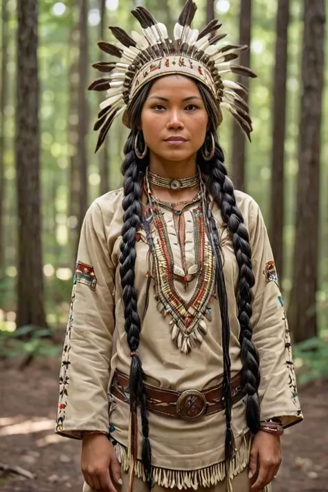 onoff, female Choctaw warrior, wearing a traditional beaded tunic, forest ranger hat, long black braids,  <lora:OnoffXL4:0.8> onoff