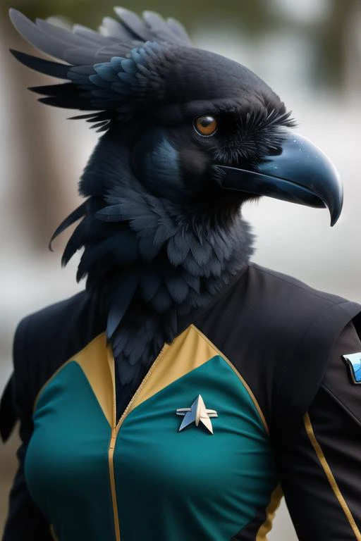 raven, anthro avian corvid, beak, female, medium breasts, ((winged-arms)), wearing startrekuniform happy, posing, portrait, looking at viewer, <lora:Corvids-v1:1> <lora:starTrekUniforms_v1:1>