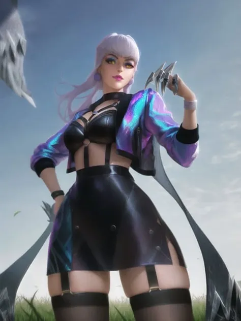 (grass, field, sky:1.5), high detailed, 8k, highres, kda all out evelynn, league of legends, k/da \(league of legends\), 1girl, solo, cowboy shot, makeup, lipstick, eyeshadow, purple lips, jewelry, earrings, yellow eyes, white hair, long hair, claws, cropped jacket, garter straps, jacket, blue jacket, open clothes, open jacket, breasts, bracelet, thighhighs, black skirt, looking at viewer, high heels, hand on hip
