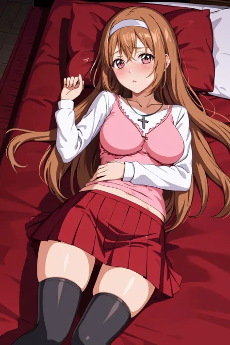 ayumumo, 1girl, hairband, cross necklace, pink shirt, pleated skirt, black thighhighs, thighhighs, zettai ryouiki, solo, blush, looking at viewer, blush, parted lips, lying, on back, bed, from above <lora:ayumumo_V5-09:0.7> <lora:Torogao_v5-000010:0.8>