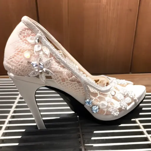 stkdistressingstk,white crystal lace heels,(grate),masterpiece,best quality, <lora:heelstuck:1>