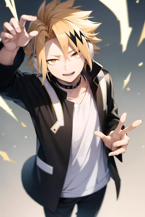 kaminari denki\(boku no hero academia\), 1boy, solo, from above, looking at viewer, male focus, bangs, short hair, blonde hair, multicolored hair, spiked hair, yellow eyes, smile, headphones, antenna, choker, long sleeves, white shirt, open clothes, day, open jacket, black jacket, black pants, peace fingers, electricity